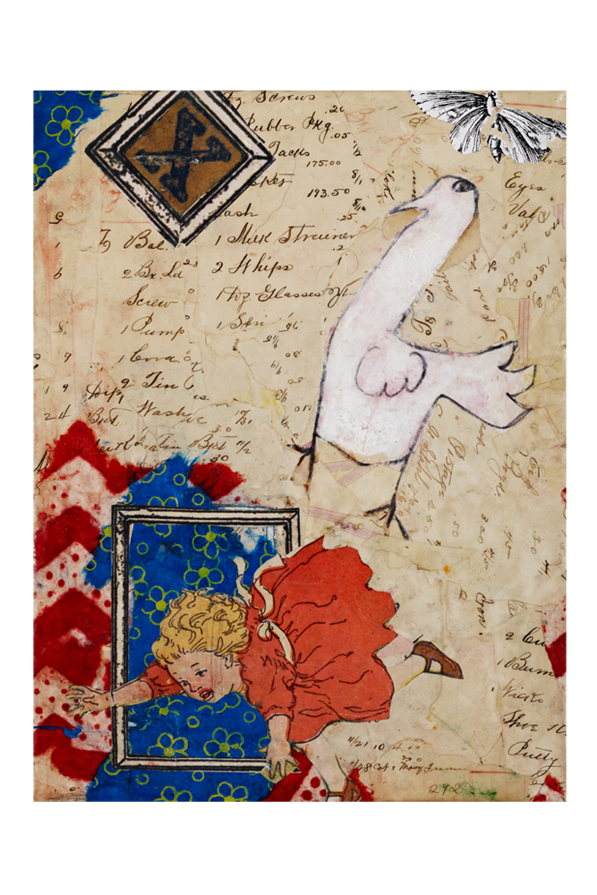 collage of girl falling through window with illustrated bird nearby