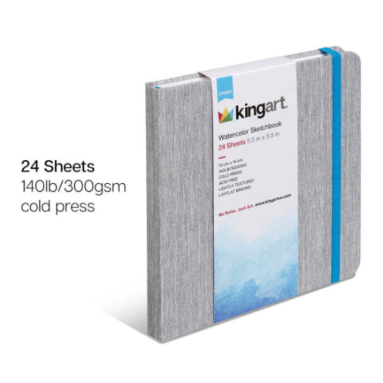 Kingart watercolor sketchbook with gray cover and blue spine on a white background