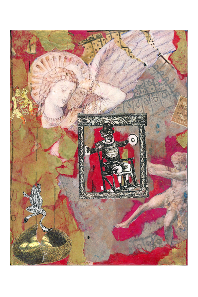 red and gold collage with images of angels, frogs, and other human figures