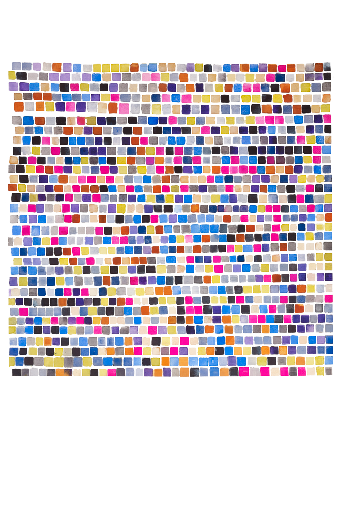 very colorful geometric squares painting with purples, pinks, and blues that follows a color algorithm