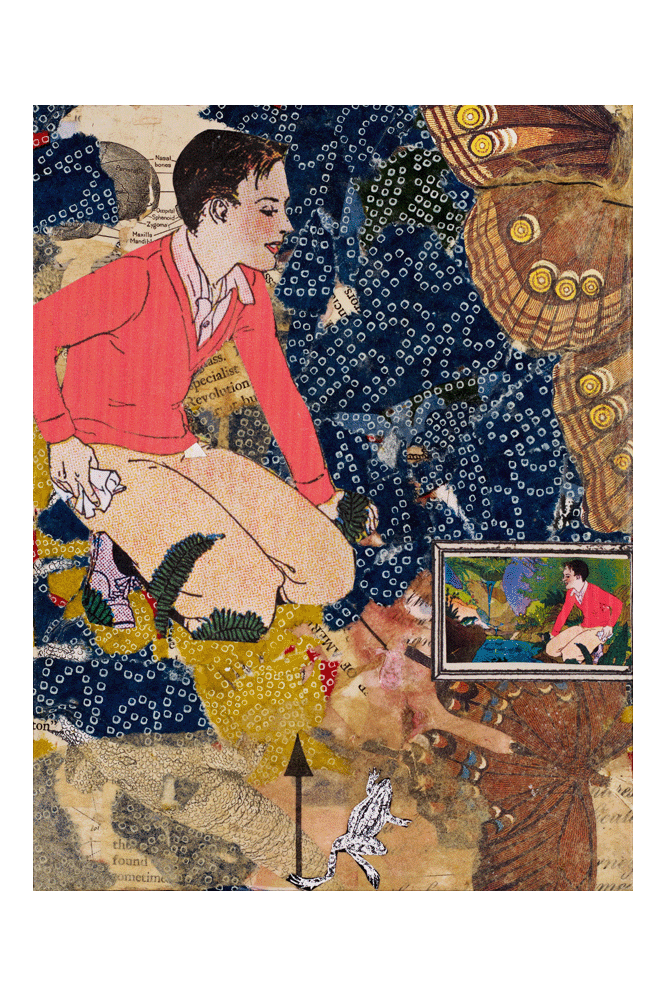 boy kneeling in the grass looking down at a mirrored painting with butterflies around the scene