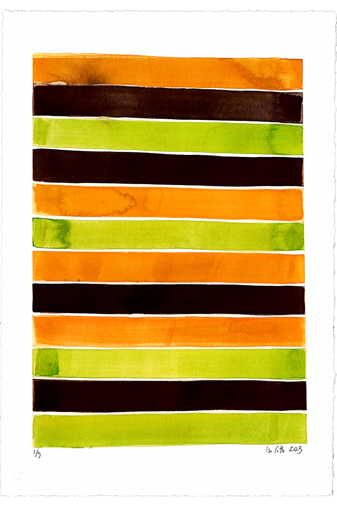 fine art print with brown, green and orange watercolor stripes