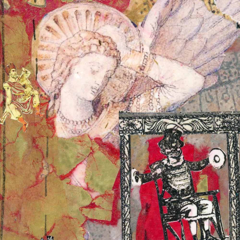 close up of a red and gold collage showing an image of a marble statue of an angel and an illustration of a man sitting in a chair