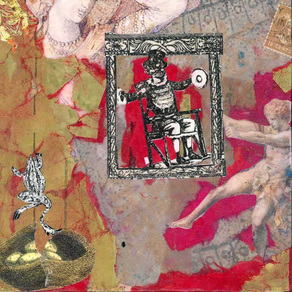 close up of a red and gold collage with an image of a frog, a nest, a marble statue, and an illustration of a man in a chair