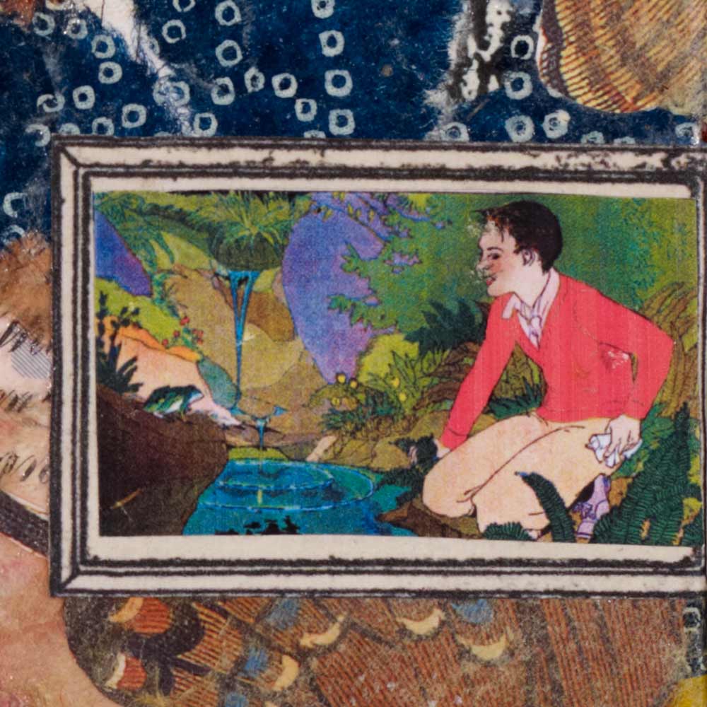 boy kneeling in a frame with a forest scene