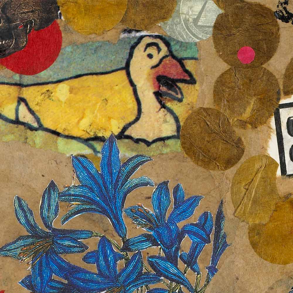 close up of a mixed-media with torn brown paper, a botanical illustration of blue flowers, and an illustrated goose