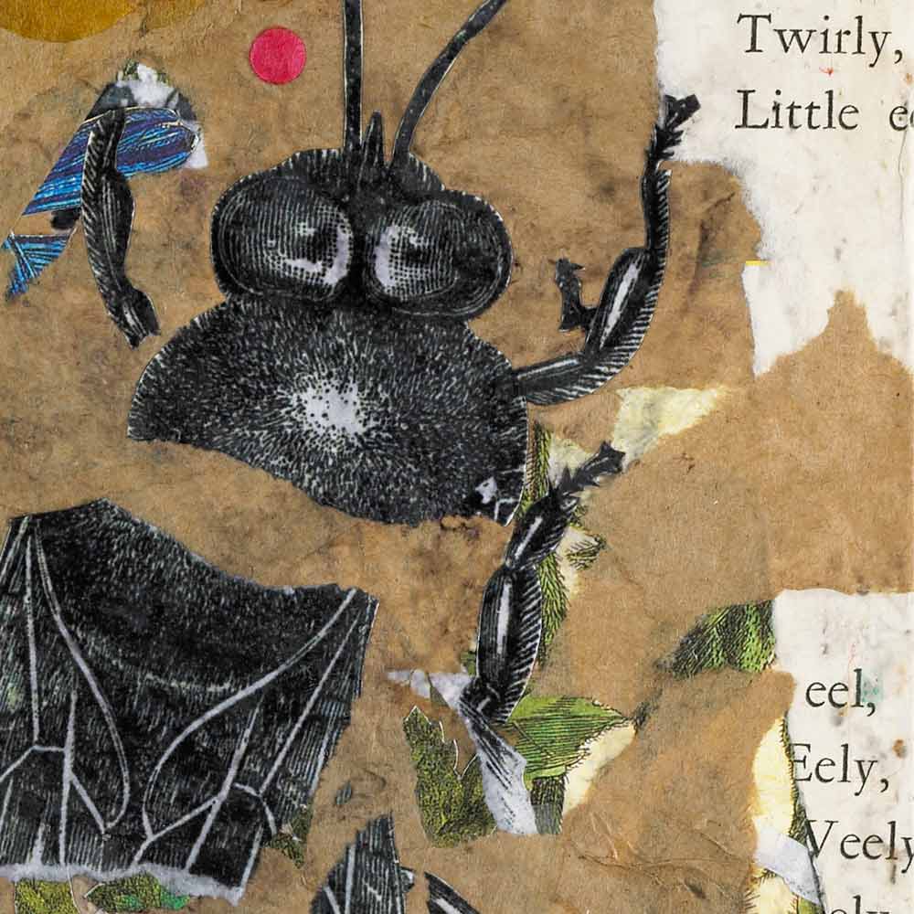close up of a mixed-media piece with torn brown paper, typography, and a torn black and white illustration of a bee
