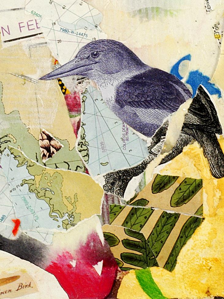 close up detail of mixed media piece strange bird