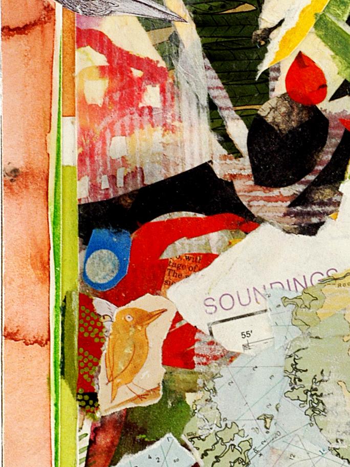close up detail of mixed media piece strange bird
