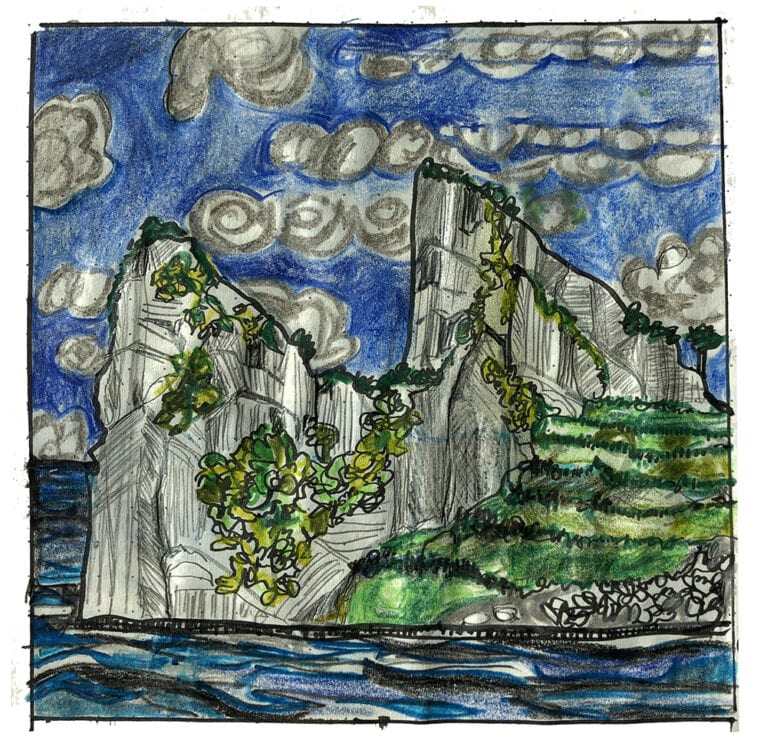 Sketch of a rocky, rugged coastline with water in the foreground; sketch is in a travel journal with notes about a trip to Italy