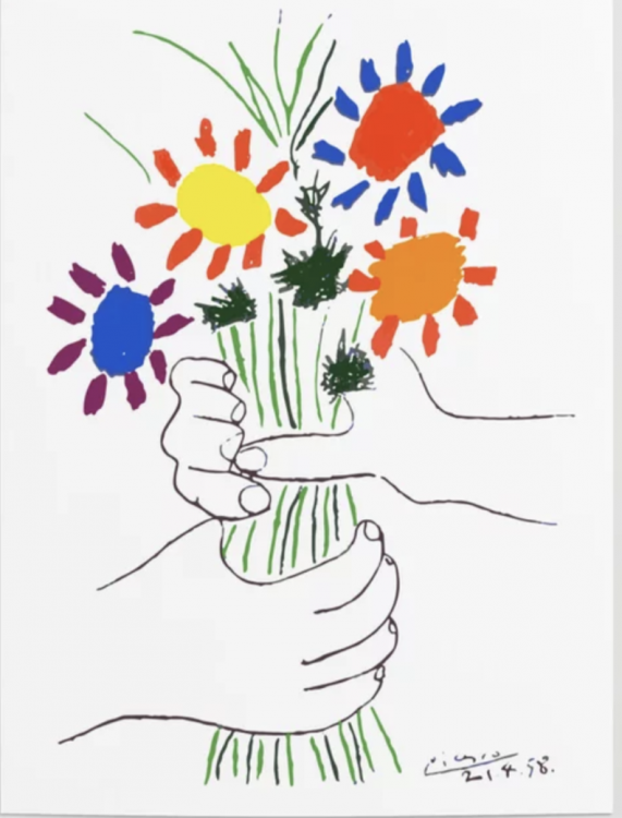 Pablo Picasso painting of hands holding bouquet of bright flowers