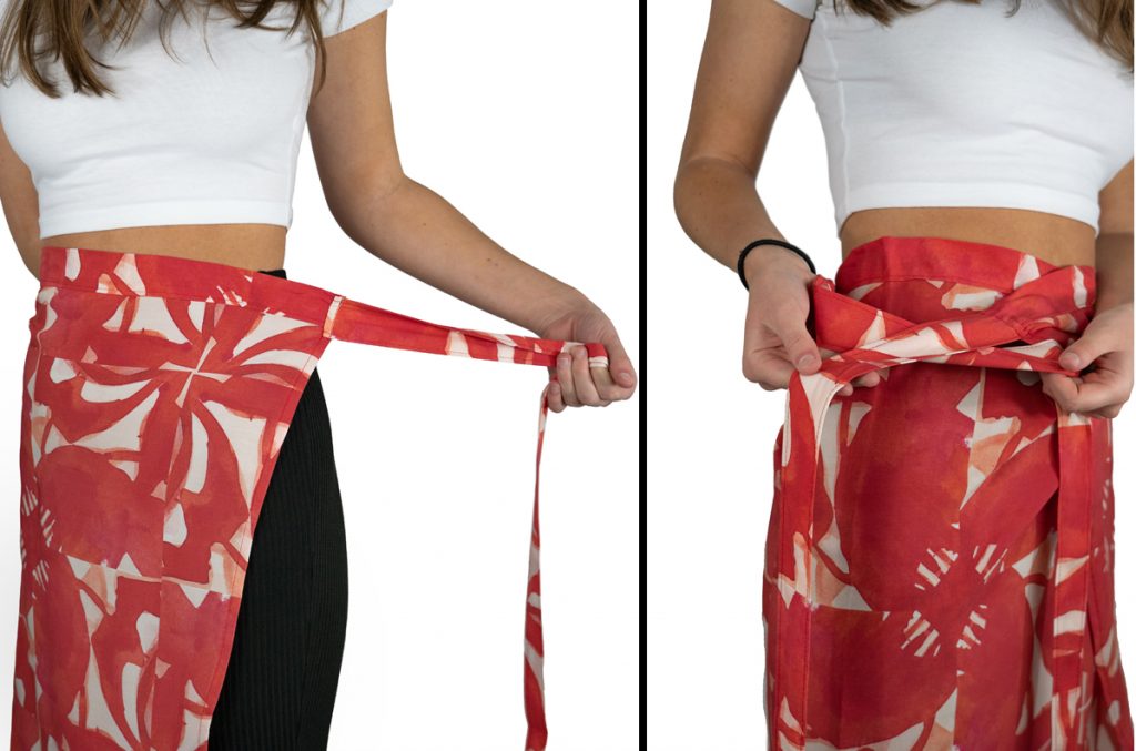 a red and white wrap skirt held around a woman's waist to show how it is wrapped around and the second image shows how it is tied to create a draping skirt silhouette 