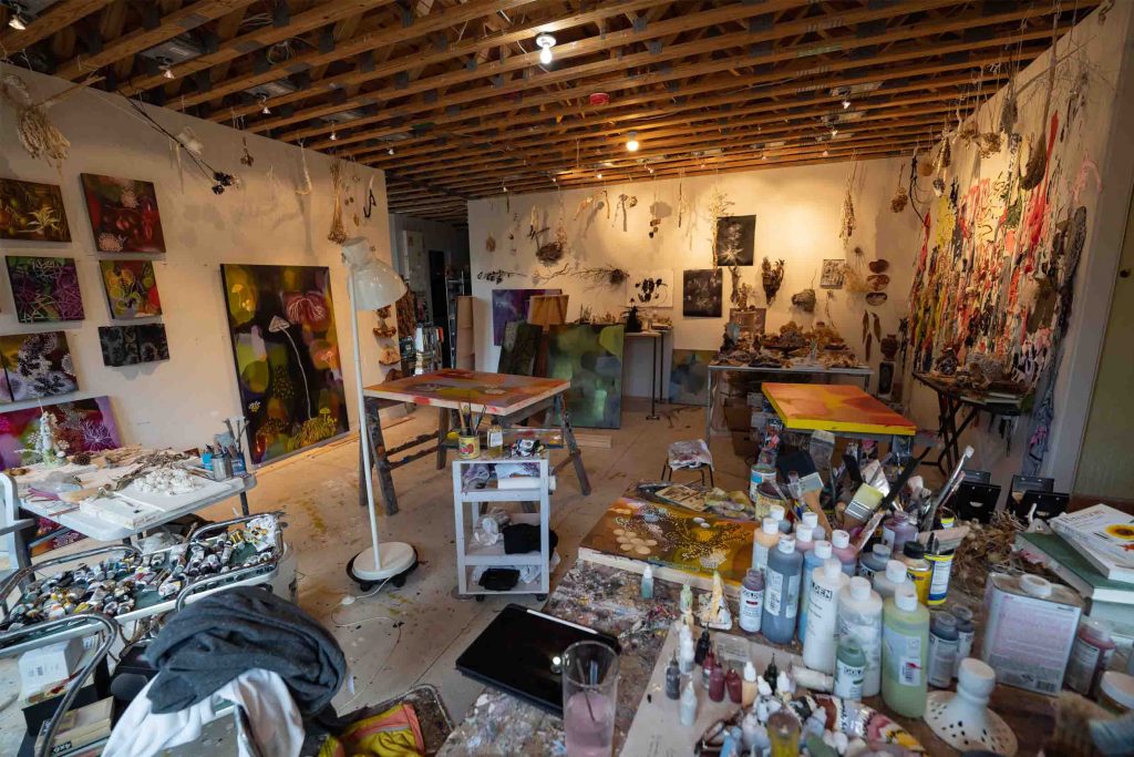 artist studio with lots of collections and paint